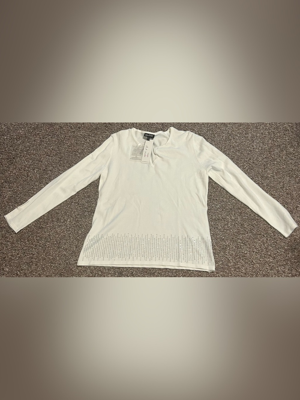 MARBLE M Women’s White Long Sleeve Knit Top with Perforated Hem Silver Bedazzle